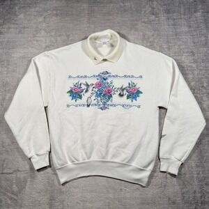Vintage Grandma Sweatshirt Women Medium White 90s Floral Hummingbird Collared